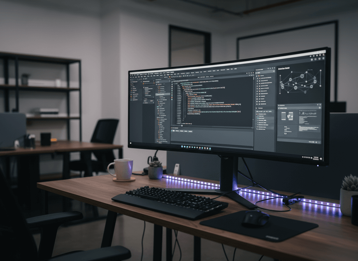 Developer workstation with ultrawide curved monitor displaying software code