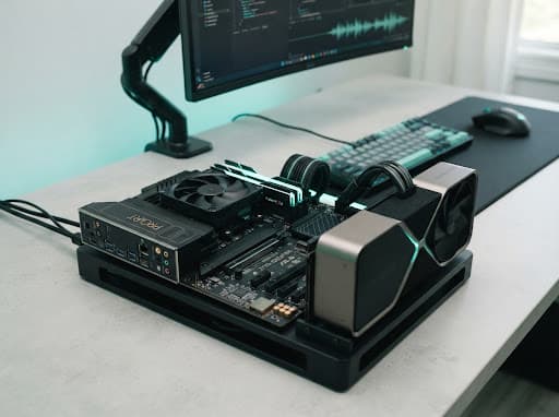 Computer hardware test bench with enterprise motherboard, GPU, and memory